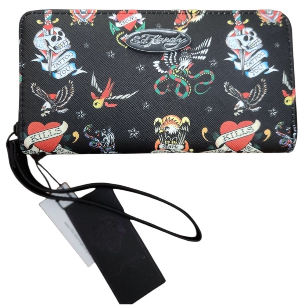 ED HARDY Black Skulls “Tattoo You” Print Long Wallet NWT